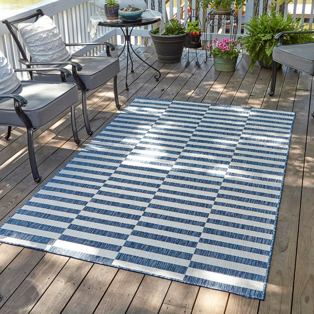 Blue 5' 3 x 7' 1 Outdoor Striped Rectangle Area Rug Weather Resistant for Patio, Deck, Terrace, Balcony, Porch Geometric Pattern Waterproof Carpet for Sale at Rug Engine