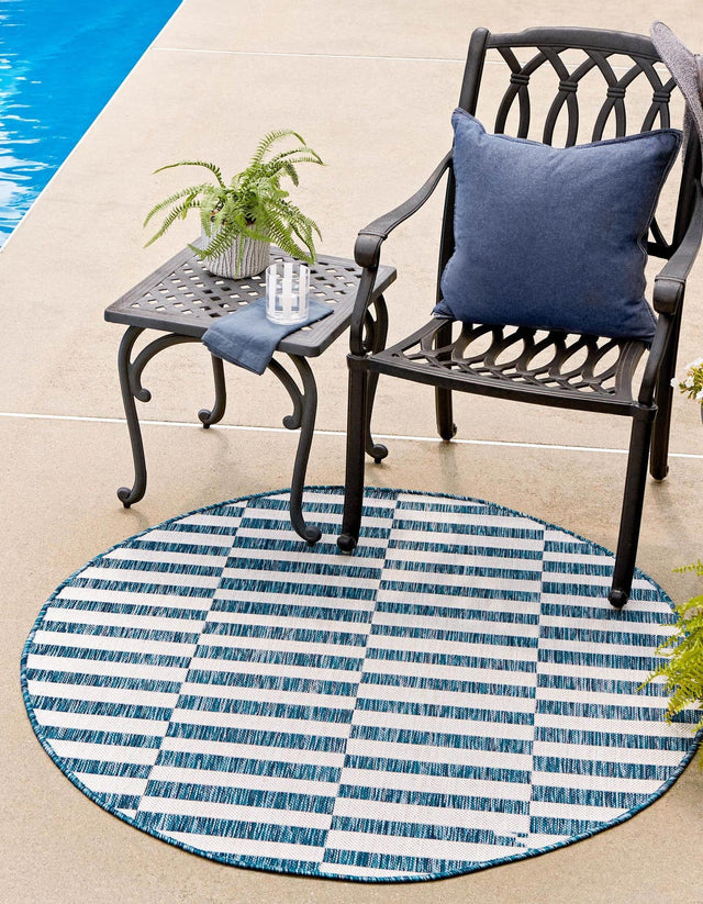 Blue 5' 3 x 5' 3 Outdoor Striped Round Area Rug Weather Resistant for Patio, Deck, Terrace, Balcony, Porch Geometric Pattern Waterproof Carpet for Sale at Rug Engine