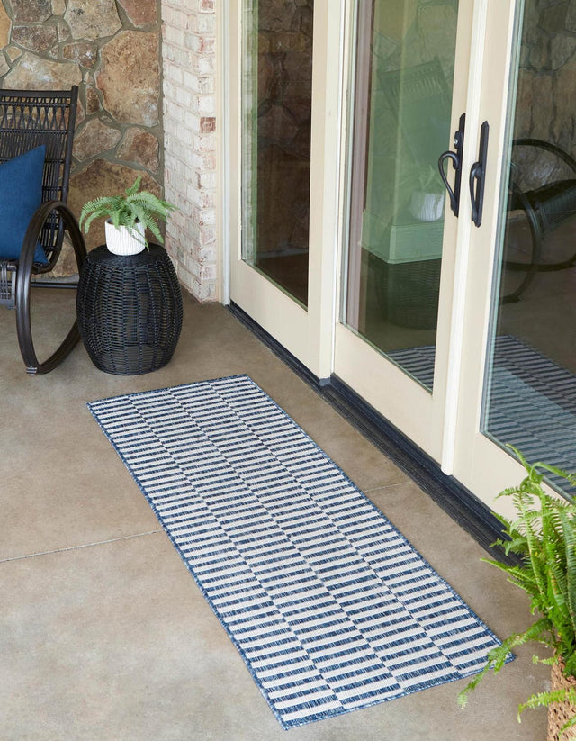 Blue 2' 7 x 10' Outdoor Striped Runner Area Rug Weather Resistant for Patio, Deck, Terrace, Balcony, Porch Geometric Pattern Waterproof Carpet for Sale at Rug Engine