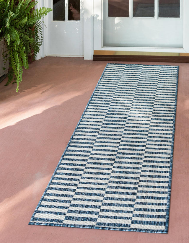 Blue 2' 7 x 10' Outdoor Striped Runner Area Rug Weather Resistant for Patio, Deck, Terrace, Balcony, Porch Geometric Pattern Waterproof Carpet for Sale at Rug Engine