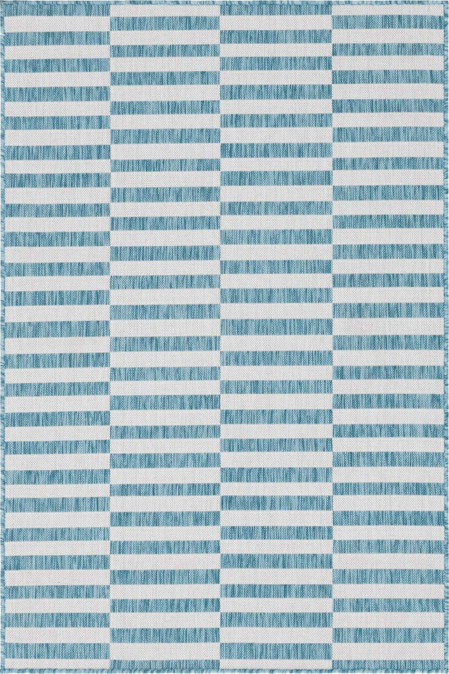 Light Aqua 4' 1 x 6' 1 Outdoor Striped Rectangle Area Rug Weather Resistant for Patio, Deck, Terrace, Balcony, Porch Geometric Pattern Waterproof Carpet for Sale at Rug Engine