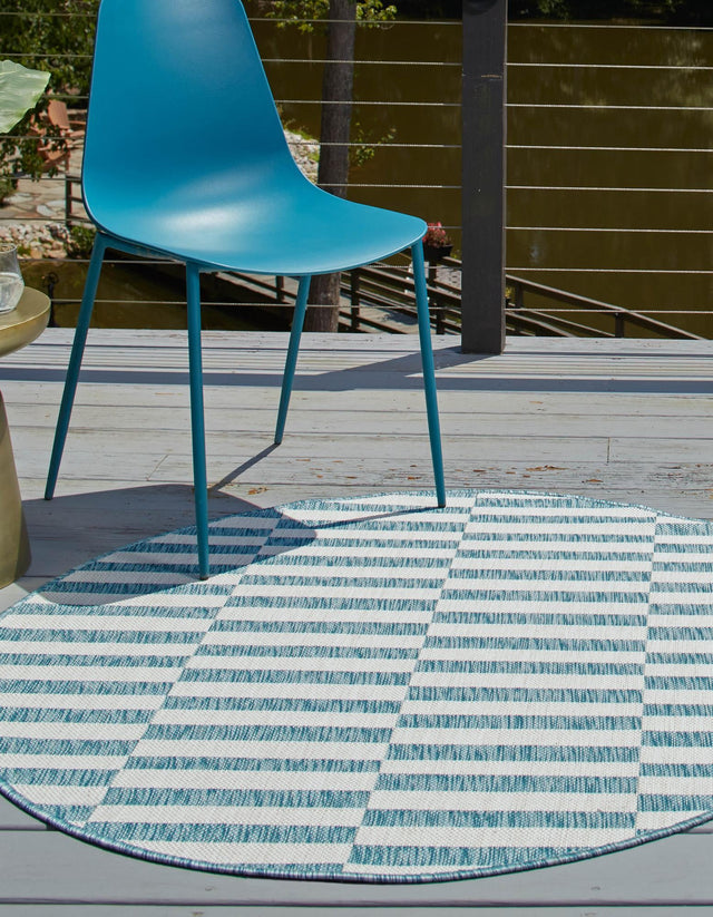 Light Aqua 4' 1 x 4' 1 Outdoor Striped Round Area Rug Weather Resistant for Patio, Deck, Terrace, Balcony, Porch Geometric Pattern Waterproof Carpet for Sale at Rug Engine