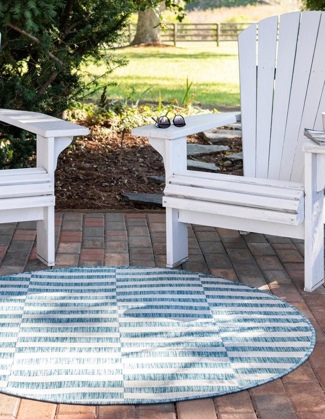 Light Aqua 4' 1 x 4' 1 Outdoor Striped Round Area Rug Weather Resistant for Patio, Deck, Terrace, Balcony, Porch Geometric Pattern Waterproof Carpet for Sale at Rug Engine