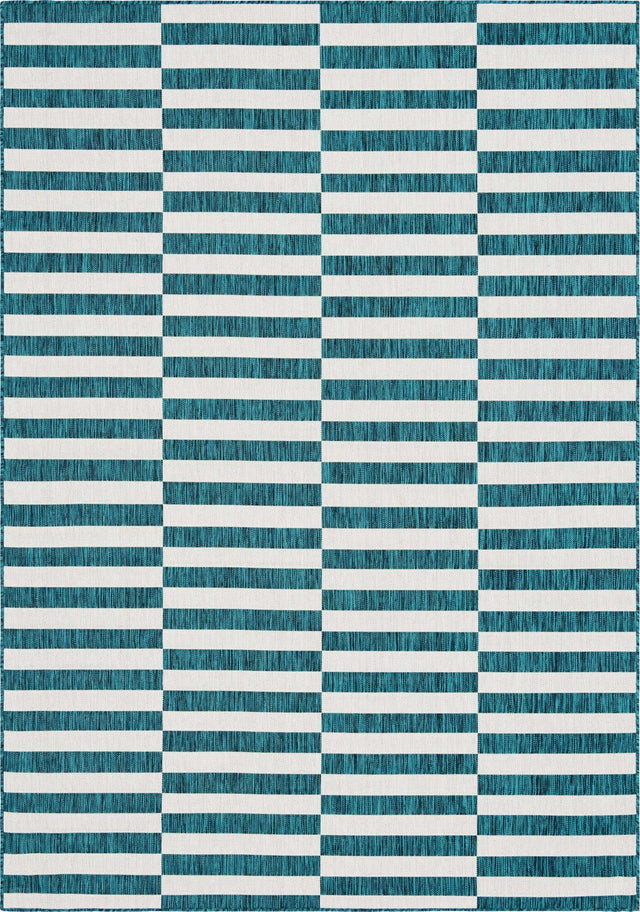 Teal 7' 1 x 10' Outdoor Striped Rectangle Area Rug Weather Resistant for Patio, Deck, Terrace, Balcony, Porch Geometric Pattern Waterproof Carpet for Sale at Rug Engine