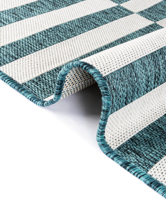 Teal 9' x 12' Outdoor Striped Rectangle Area Rug Weather Resistant for Patio, Deck, Terrace, Balcony, Porch Geometric Pattern Waterproof Carpet for Sale at Rug Engine