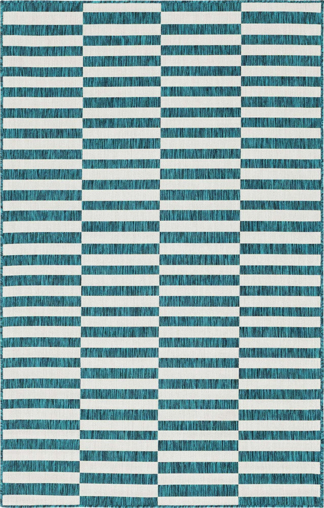Teal 5' 3 x 8' Outdoor Striped Rectangle Area Rug Weather Resistant for Patio, Deck, Terrace, Balcony, Porch Geometric Pattern Waterproof Carpet for Sale at Rug Engine