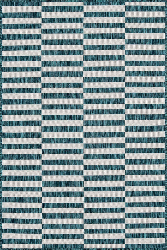 Teal 4' 1 x 6' 1 Outdoor Striped Rectangle Area Rug Weather Resistant for Patio, Deck, Terrace, Balcony, Porch Geometric Pattern Waterproof Carpet for Sale at Rug Engine