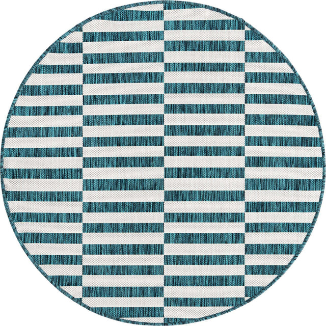 Teal 4' 1 x 4' 1 Outdoor Striped Round Area Rug Weather Resistant for Patio, Deck, Terrace, Balcony, Porch Geometric Pattern Waterproof Carpet for Sale at Rug Engine