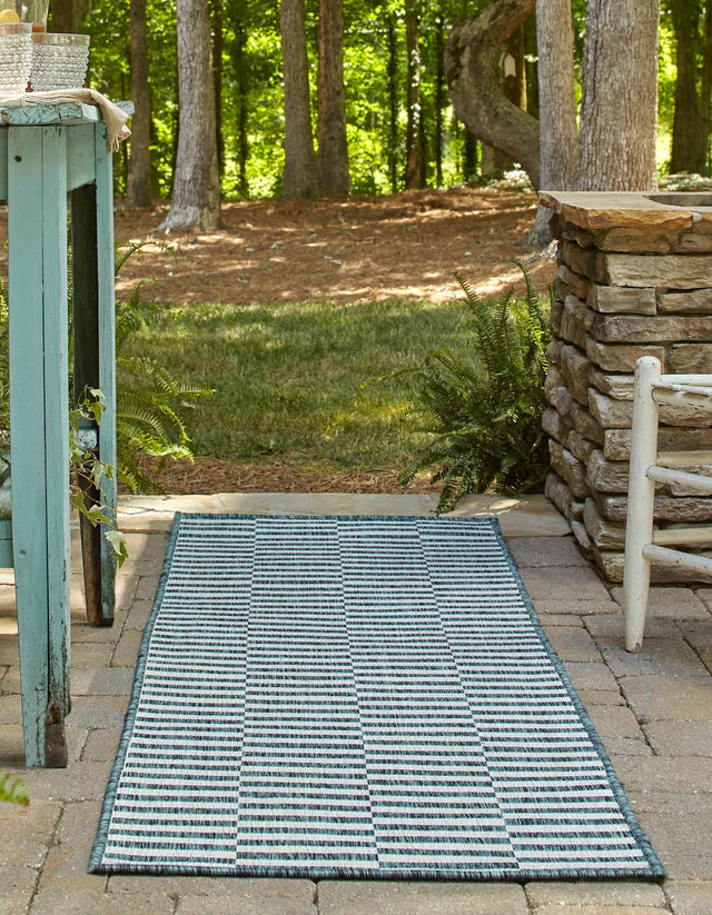 Teal 2' x 6' 1 Outdoor Striped Runner Area Rug Weather Resistant for Patio, Deck, Terrace, Balcony, Porch Geometric Pattern Waterproof Carpet for Sale at Rug Engine