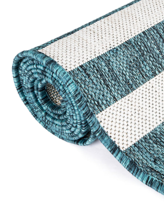 Teal 2' x 6' 1 Outdoor Striped Runner Area Rug Weather Resistant for Patio, Deck, Terrace, Balcony, Porch Geometric Pattern Waterproof Carpet for Sale at Rug Engine