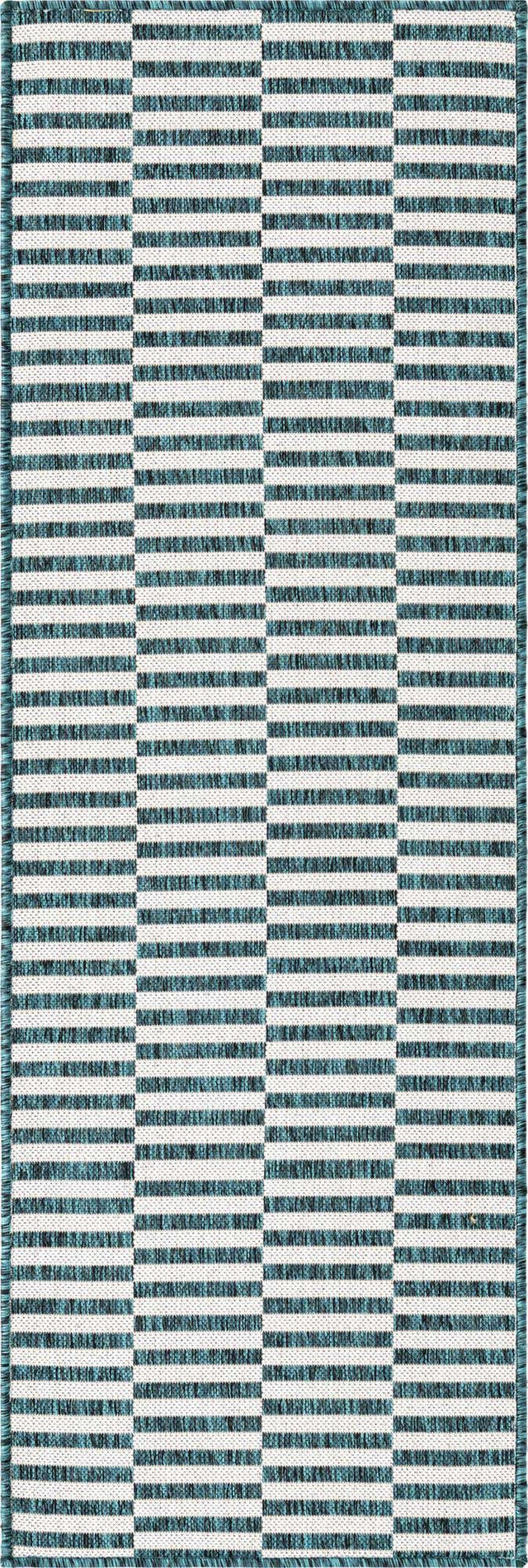 Teal 2' x 6' 1 Outdoor Striped Runner Area Rug Weather Resistant for Patio, Deck, Terrace, Balcony, Porch Geometric Pattern Waterproof Carpet for Sale at Rug Engine