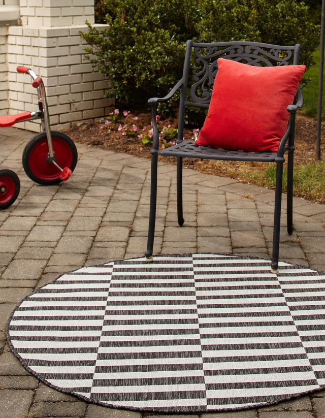 Charcoal 4' 1 x 4' 1 Outdoor Striped Round Area Rug Weather Resistant for Patio, Deck, Terrace, Balcony, Porch Geometric Pattern Waterproof Carpet for Sale at Rug Engine