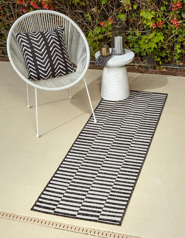 Charcoal 2' 7 x 10' Outdoor Striped Runner Area Rug Weather Resistant for Patio, Deck, Terrace, Balcony, Porch Geometric Pattern Waterproof Carpet for Sale at Rug Engine