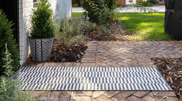 Charcoal 2' 7 x 10' Outdoor Striped Runner Area Rug Weather Resistant for Patio, Deck, Terrace, Balcony, Porch Geometric Pattern Waterproof Carpet for Sale at Rug Engine