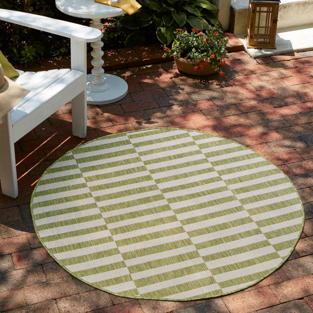 Green 5' 3 x 5' 3 Outdoor Striped Round Area Rug Weather Resistant for Patio, Deck, Terrace, Balcony, Porch Geometric Pattern Waterproof Carpet for Sale at Rug Engine