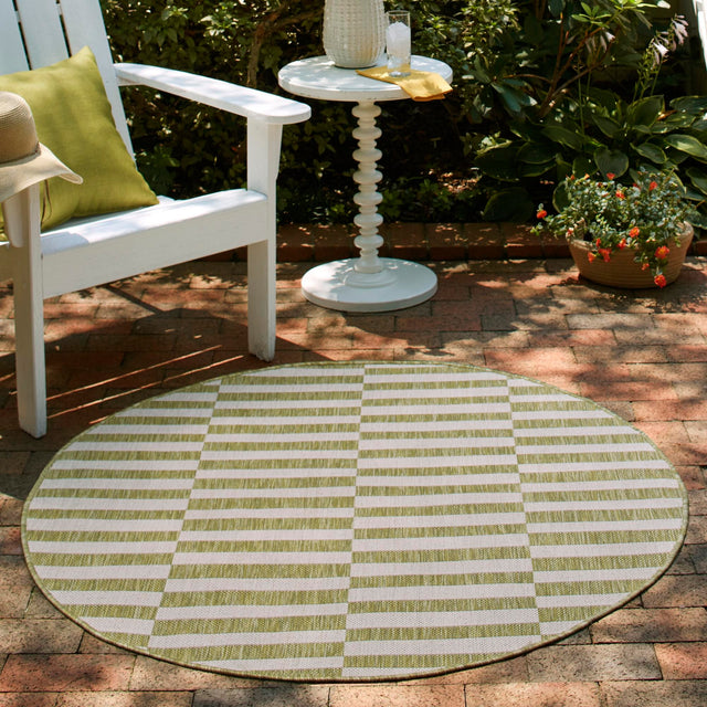 Green 5' 3 x 5' 3 Outdoor Striped Round Area Rug Weather Resistant for Patio, Deck, Terrace, Balcony, Porch Geometric Pattern Waterproof Carpet for Sale at Rug Engine