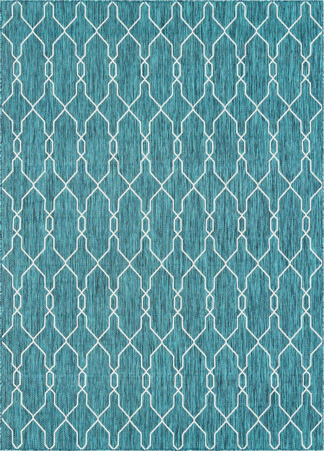 Teal 7' 10 x 11' Outdoor Trellis Rectangle Area Rug Weather Resistant for Patio, Deck, Terrace, Balcony, Porch Geometric Design Water Safe Outside Carpet for Sale at Rug Engine