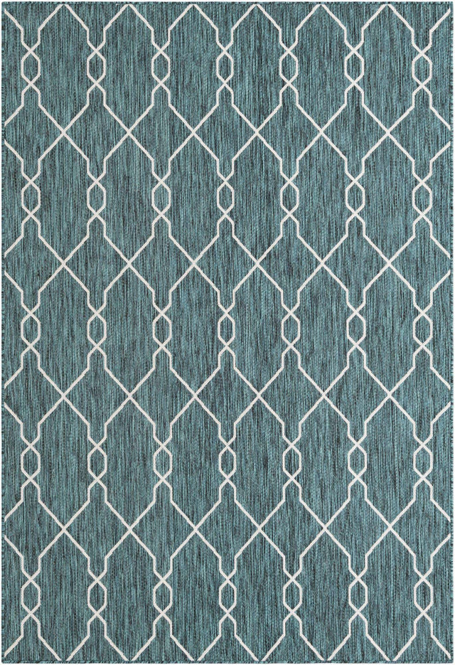 Teal 6' 1 x 9' Outdoor Trellis Rectangle Area Rug Weather Resistant for Patio, Deck, Terrace, Balcony, Porch Geometric Design Water Safe Outside Carpet for Sale at Rug Engine