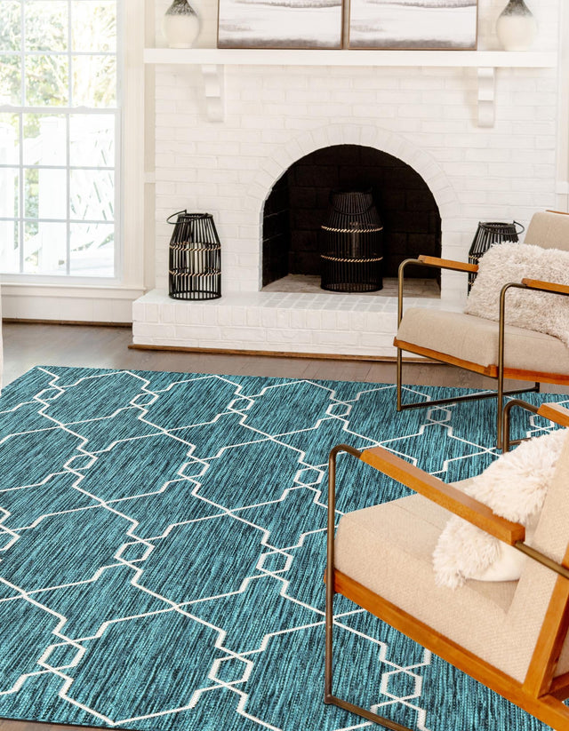 Teal 4' 1 x 6' 1 Outdoor Trellis Rectangle Area Rug Weather Resistant for Patio, Deck, Terrace, Balcony, Porch Geometric Design Water Safe Outside Carpet for Sale at Rug Engine