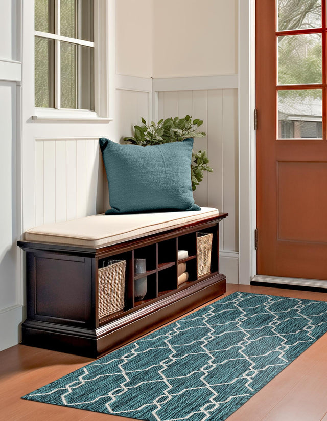Teal 2' x 6' 1 Outdoor Trellis Runner Area Rug Weather Resistant for Patio, Deck, Terrace, Balcony, Porch Geometric Design Water Safe Outside Carpet for Sale at Rug Engine