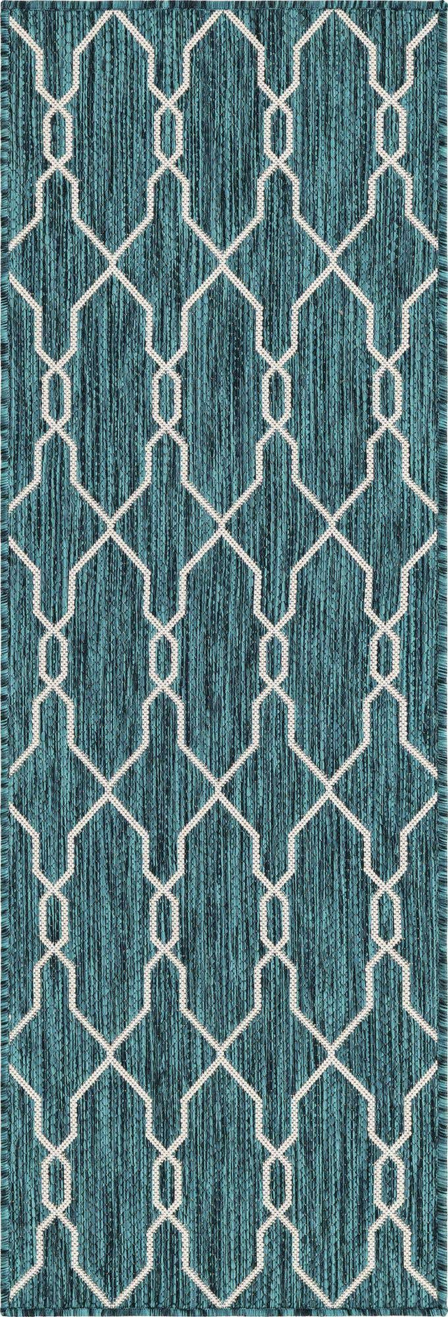 Teal 2' x 6' 1 Outdoor Trellis Runner Area Rug Weather Resistant for Patio, Deck, Terrace, Balcony, Porch Geometric Design Water Safe Outside Carpet for Sale at Rug Engine