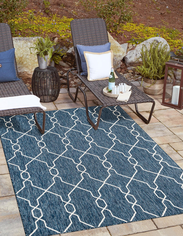 Blue 5' 3 x 8' Outdoor Trellis Rectangle Area Rug Weather Resistant for Patio, Deck, Terrace, Balcony, Porch Geometric Design Water Safe Outside Carpet for Sale at Rug Engine