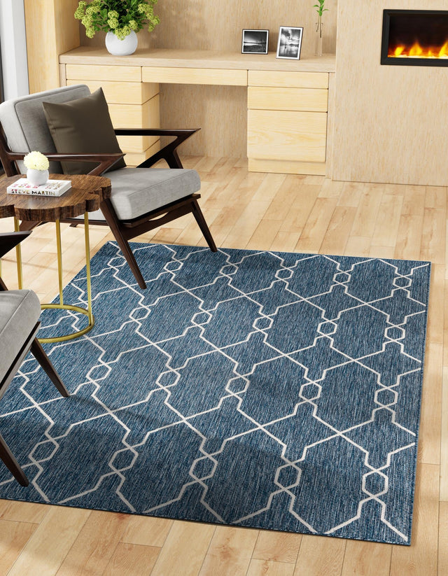 Blue 9' x 12' Outdoor Trellis Rectangle Area Rug Weather Resistant for Patio, Deck, Terrace, Balcony, Porch Geometric Design Water Safe Outside Carpet for Sale at Rug Engine