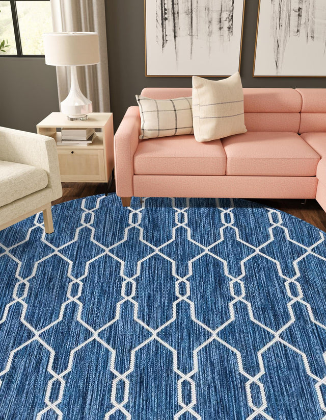 Blue 4' 1 x 4' 1 Outdoor Trellis Round Area Rug Weather Resistant for Patio, Deck, Terrace, Balcony, Porch Geometric Design Water Safe Outside Carpet for Sale at Rug Engine