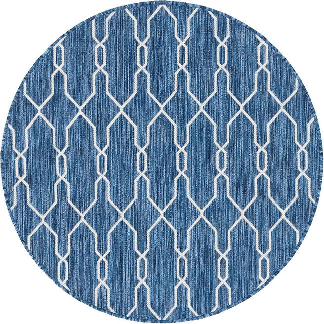 Blue 4' 1 x 4' 1 Outdoor Trellis Round Area Rug Weather Resistant for Patio, Deck, Terrace, Balcony, Porch Geometric Design Water Safe Outside Carpet for Sale at Rug Engine