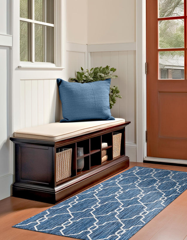 Blue 2' x 6' 1 Outdoor Trellis Runner Area Rug Weather Resistant for Patio, Deck, Terrace, Balcony, Porch Geometric Design Water Safe Outside Carpet for Sale at Rug Engine