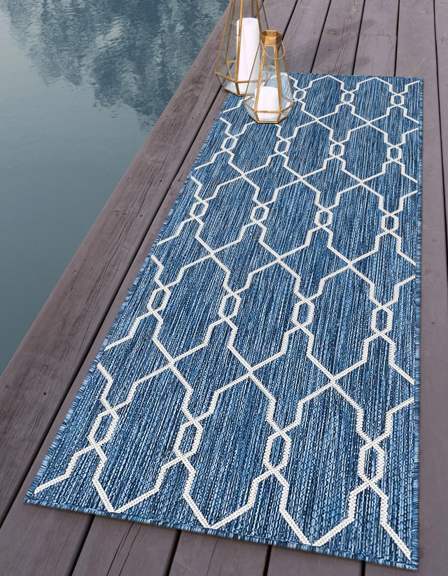 Blue 2' x 6' 1 Outdoor Trellis Runner Area Rug Weather Resistant for Patio, Deck, Terrace, Balcony, Porch Geometric Design Water Safe Outside Carpet for Sale at Rug Engine