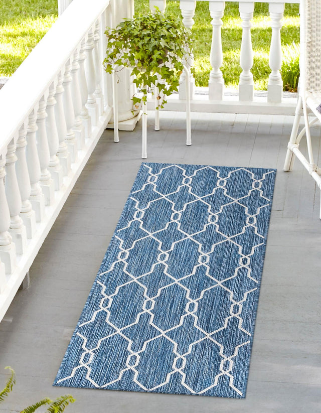 Blue 2' x 6' 1 Outdoor Trellis Runner Area Rug Weather Resistant for Patio, Deck, Terrace, Balcony, Porch Geometric Design Water Safe Outside Carpet for Sale at Rug Engine