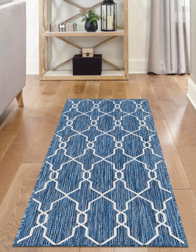 Blue 2' x 6' 1 Outdoor Trellis Runner Area Rug Weather Resistant for Patio, Deck, Terrace, Balcony, Porch Geometric Design Water Safe Outside Carpet for Sale at Rug Engine