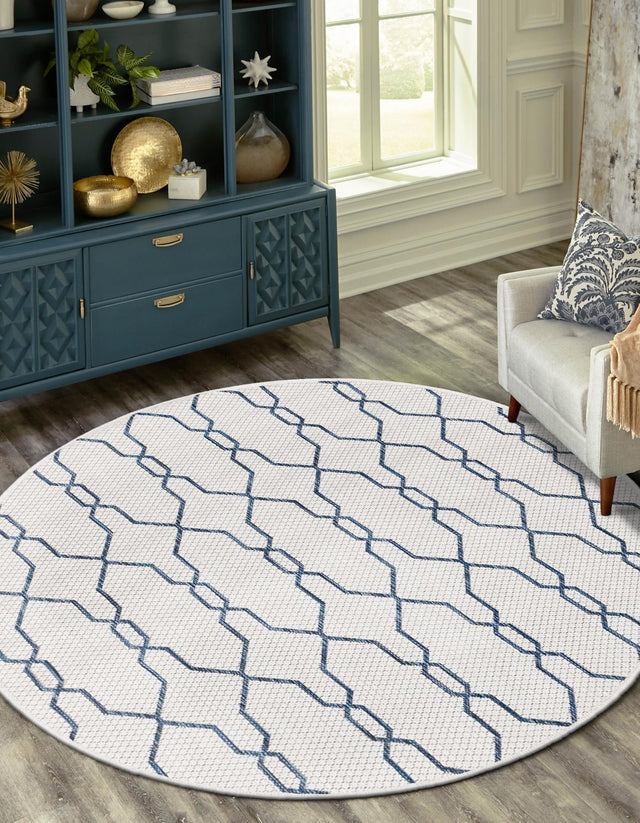 Ivory 4' 1 x 4' 1 Outdoor Trellis Round Area Rug Weather Resistant for Patio, Deck, Terrace, Balcony, Porch Geometric Design Water Safe Outside Carpet for Sale at Rug Engine