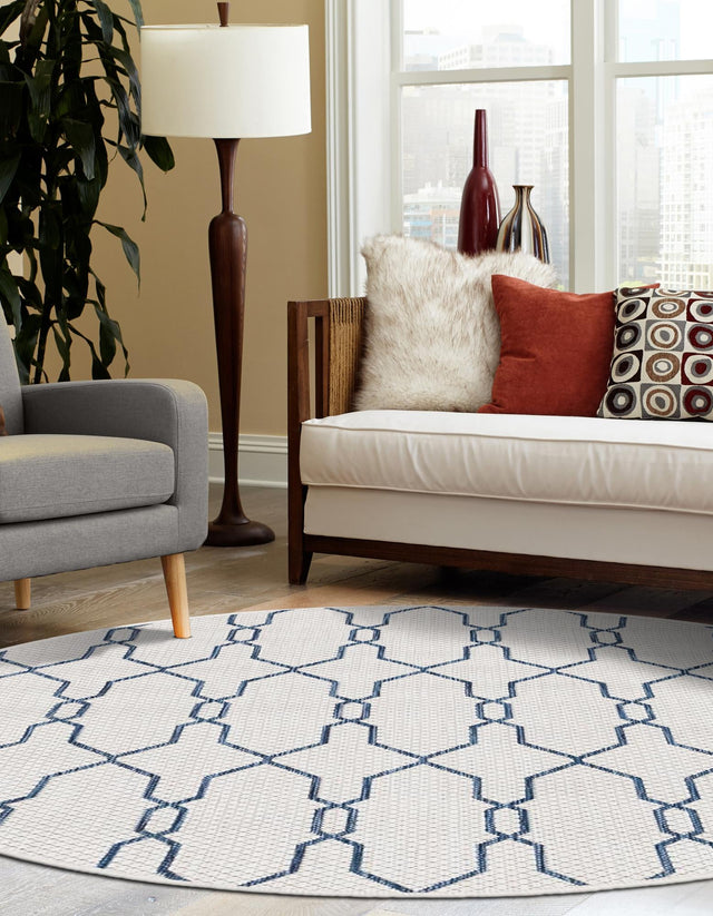Ivory 4' 1 x 4' 1 Outdoor Trellis Round Area Rug Weather Resistant for Patio, Deck, Terrace, Balcony, Porch Geometric Design Water Safe Outside Carpet for Sale at Rug Engine