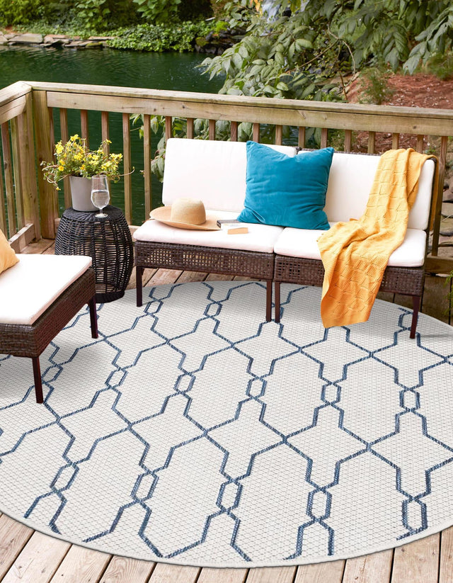 Ivory 4' 1 x 4' 1 Outdoor Trellis Round Area Rug Weather Resistant for Patio, Deck, Terrace, Balcony, Porch Geometric Design Water Safe Outside Carpet for Sale at Rug Engine
