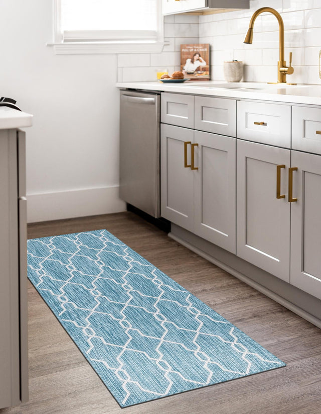 Light Aqua 2' x 6' 1 Outdoor Trellis Runner Area Rug Weather Resistant for Patio, Deck, Terrace, Balcony, Porch Geometric Design Water Safe Outside Carpet for Sale at Rug Engine