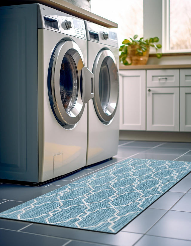 Light Aqua 2' x 6' 1 Outdoor Trellis Runner Area Rug Weather Resistant for Patio, Deck, Terrace, Balcony, Porch Geometric Design Water Safe Outside Carpet for Sale at Rug Engine