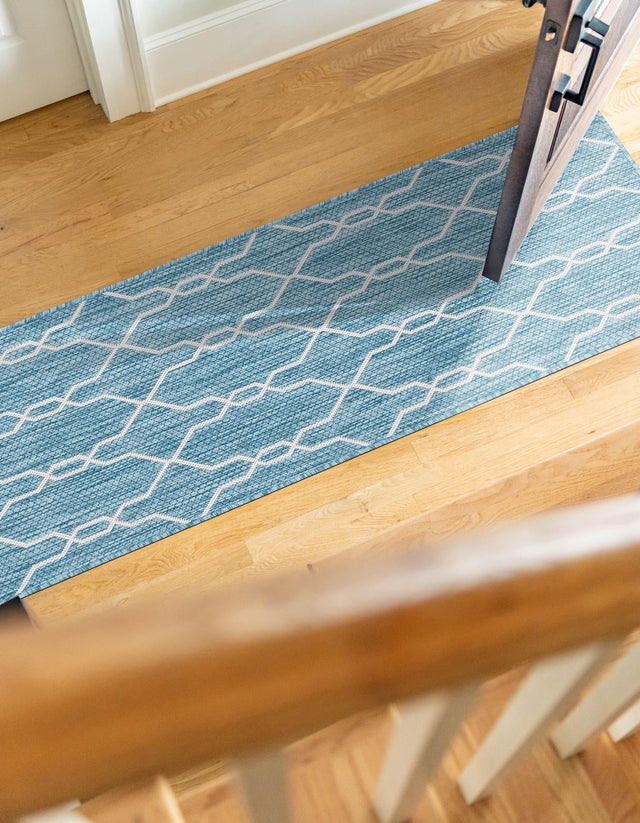 Light Aqua 2' x 6' 1 Outdoor Trellis Runner Area Rug Weather Resistant for Patio, Deck, Terrace, Balcony, Porch Geometric Design Water Safe Outside Carpet for Sale at Rug Engine