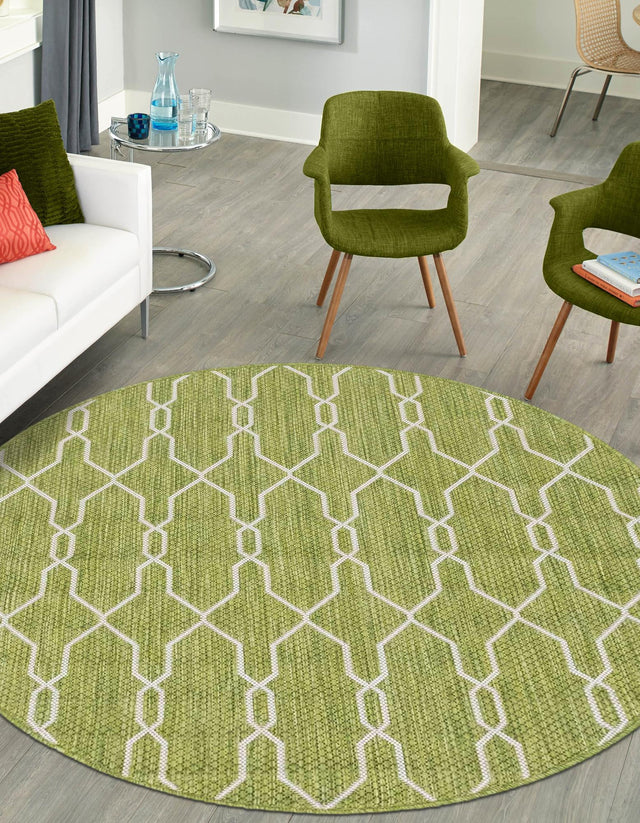 Green 4' 1 x 4' 1 Outdoor Trellis Round Area Rug Weather Resistant for Patio, Deck, Terrace, Balcony, Porch Geometric Design Water Safe Outside Carpet for Sale at Rug Engine