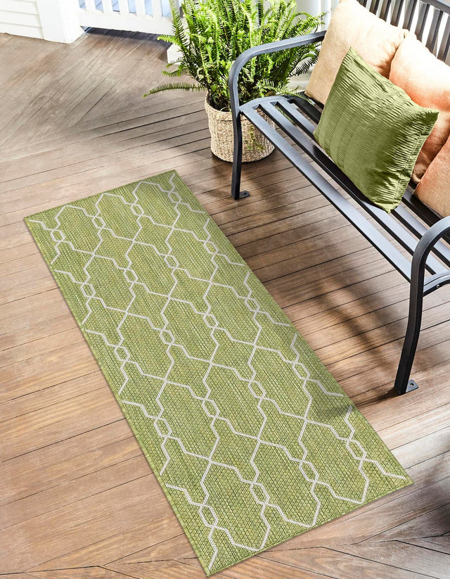 Green 2' x 6' 1 Outdoor Trellis Runner Area Rug Weather Resistant for Patio, Deck, Terrace, Balcony, Porch Geometric Design Water Safe Outside Carpet for Sale at Rug Engine
