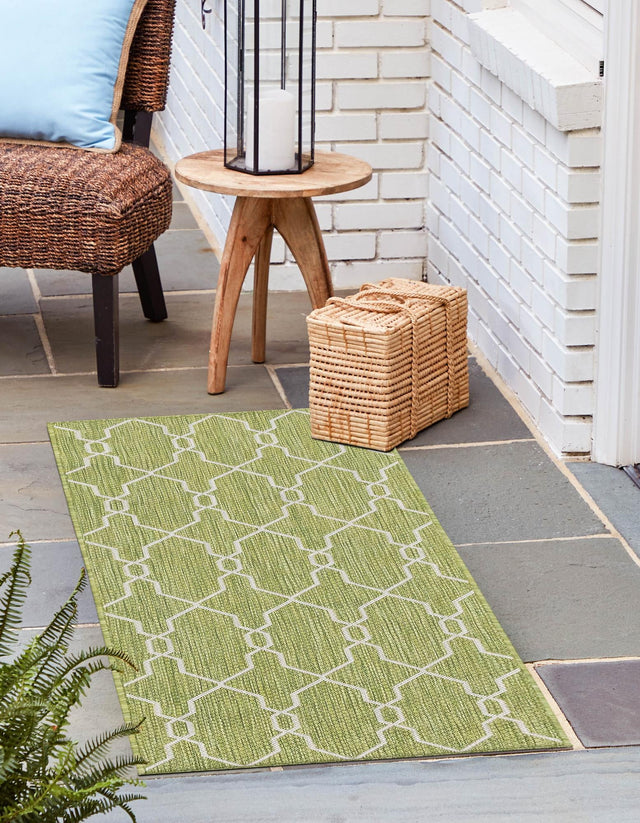 Green 2' x 6' 1 Outdoor Trellis Runner Area Rug Weather Resistant for Patio, Deck, Terrace, Balcony, Porch Geometric Design Water Safe Outside Carpet for Sale at Rug Engine