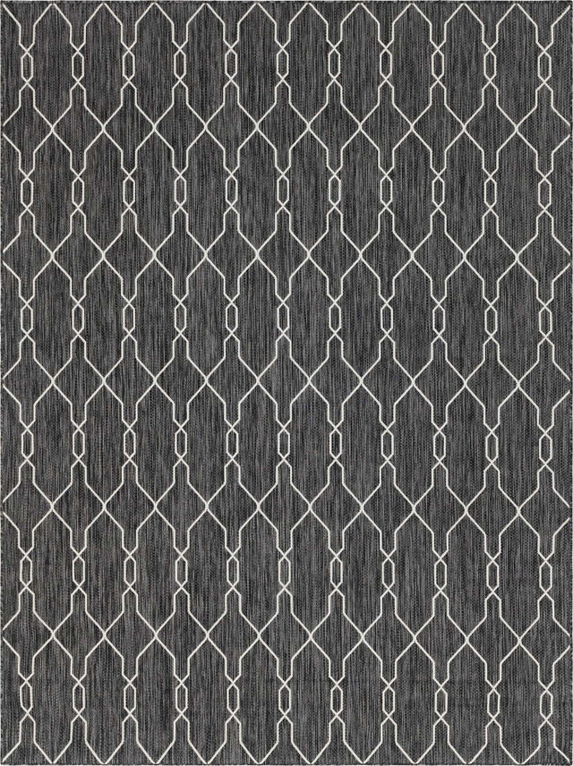 Charcoal 9' x 12' Outdoor Trellis Rectangle Area Rug Weather Resistant for Patio, Deck, Terrace, Balcony, Porch Geometric Design Water Safe Outside Carpet for Sale at Rug Engine