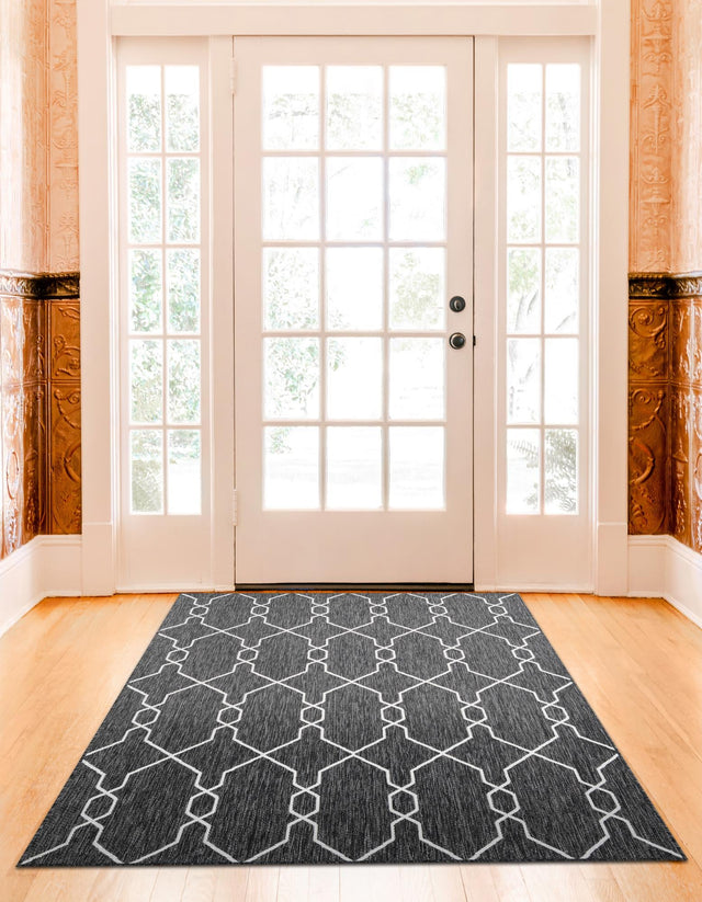Charcoal 6' 1 x 9' Outdoor Trellis Rectangle Area Rug Weather Resistant for Patio, Deck, Terrace, Balcony, Porch Geometric Design Water Safe Outside Carpet for Sale at Rug Engine