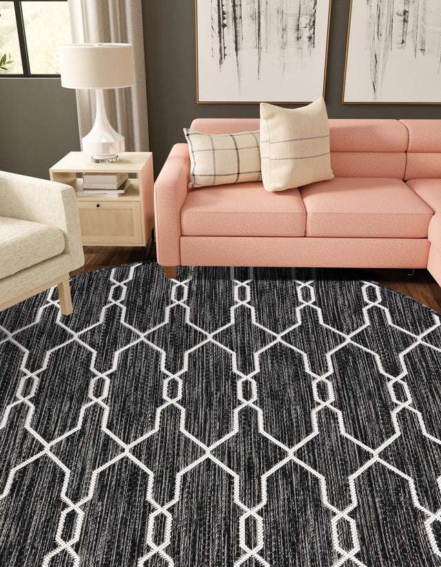 Charcoal 4' 1 x 4' 1 Outdoor Trellis Round Area Rug Weather Resistant for Patio, Deck, Terrace, Balcony, Porch Geometric Design Water Safe Outside Carpet for Sale at Rug Engine