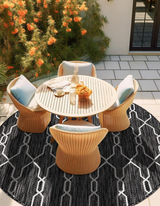 Charcoal 4' 1 x 4' 1 Outdoor Trellis Round Area Rug Weather Resistant for Patio, Deck, Terrace, Balcony, Porch Geometric Design Water Safe Outside Carpet for Sale at Rug Engine
