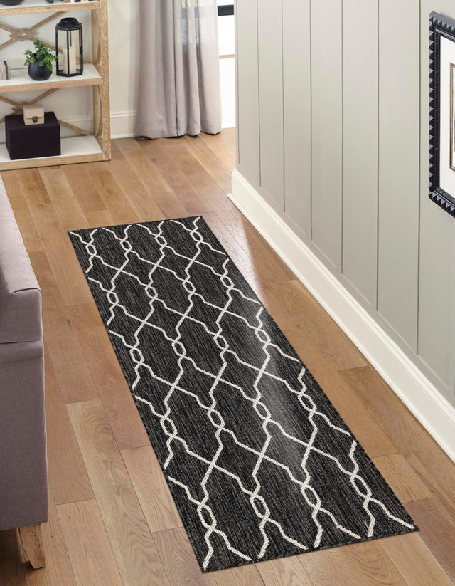 Charcoal 2' x 6' 1 Outdoor Trellis Runner Area Rug Weather Resistant for Patio, Deck, Terrace, Balcony, Porch Geometric Design Water Safe Outside Carpet for Sale at Rug Engine