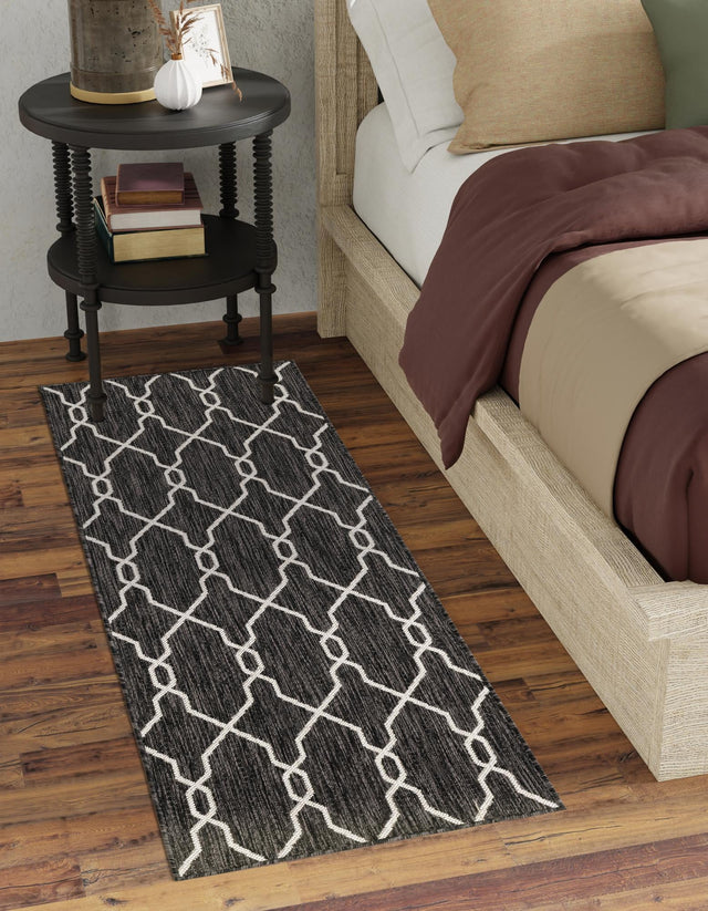 Charcoal 2' x 6' 1 Outdoor Trellis Runner Area Rug Weather Resistant for Patio, Deck, Terrace, Balcony, Porch Geometric Design Water Safe Outside Carpet for Sale at Rug Engine