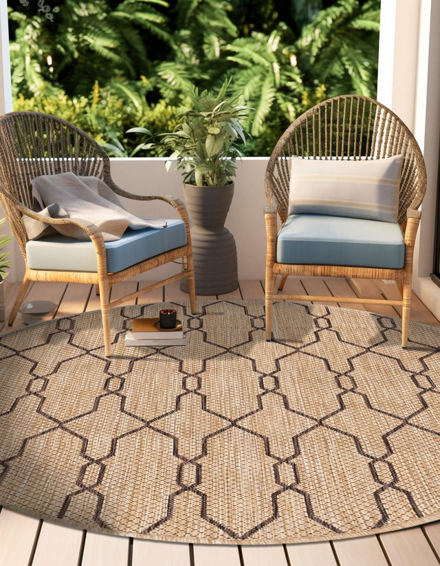 Natural 4' 1 x 4' 1 Outdoor Trellis Round Area Rug Weather Resistant for Patio, Deck, Terrace, Balcony, Porch Geometric Design Water Safe Outside Carpet for Sale at Rug Engine