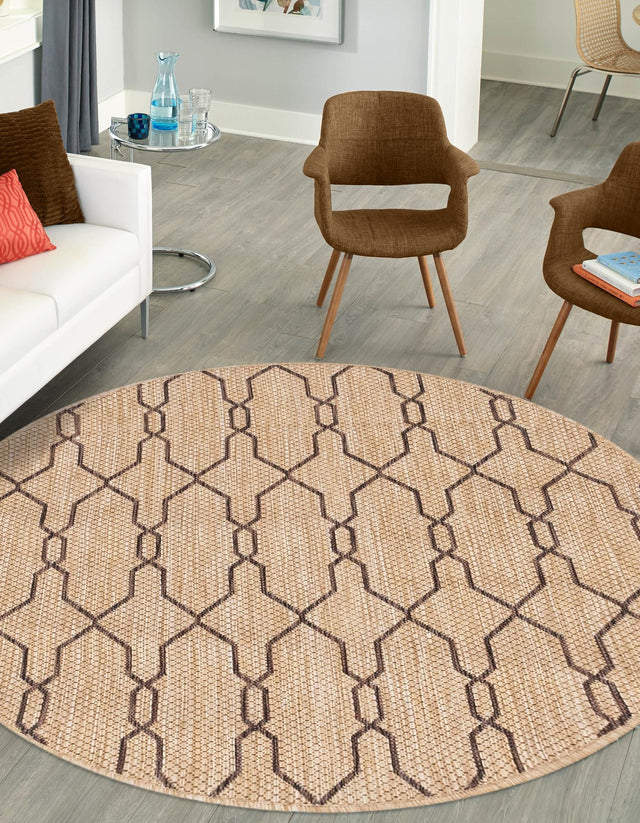 Natural 4' 1 x 4' 1 Outdoor Trellis Round Area Rug Weather Resistant for Patio, Deck, Terrace, Balcony, Porch Geometric Design Water Safe Outside Carpet for Sale at Rug Engine